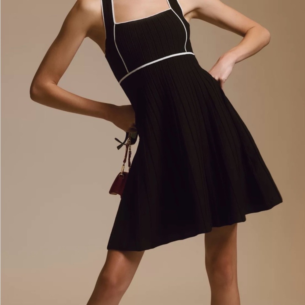 Black Halter-Style A-Line Dress with White Trim